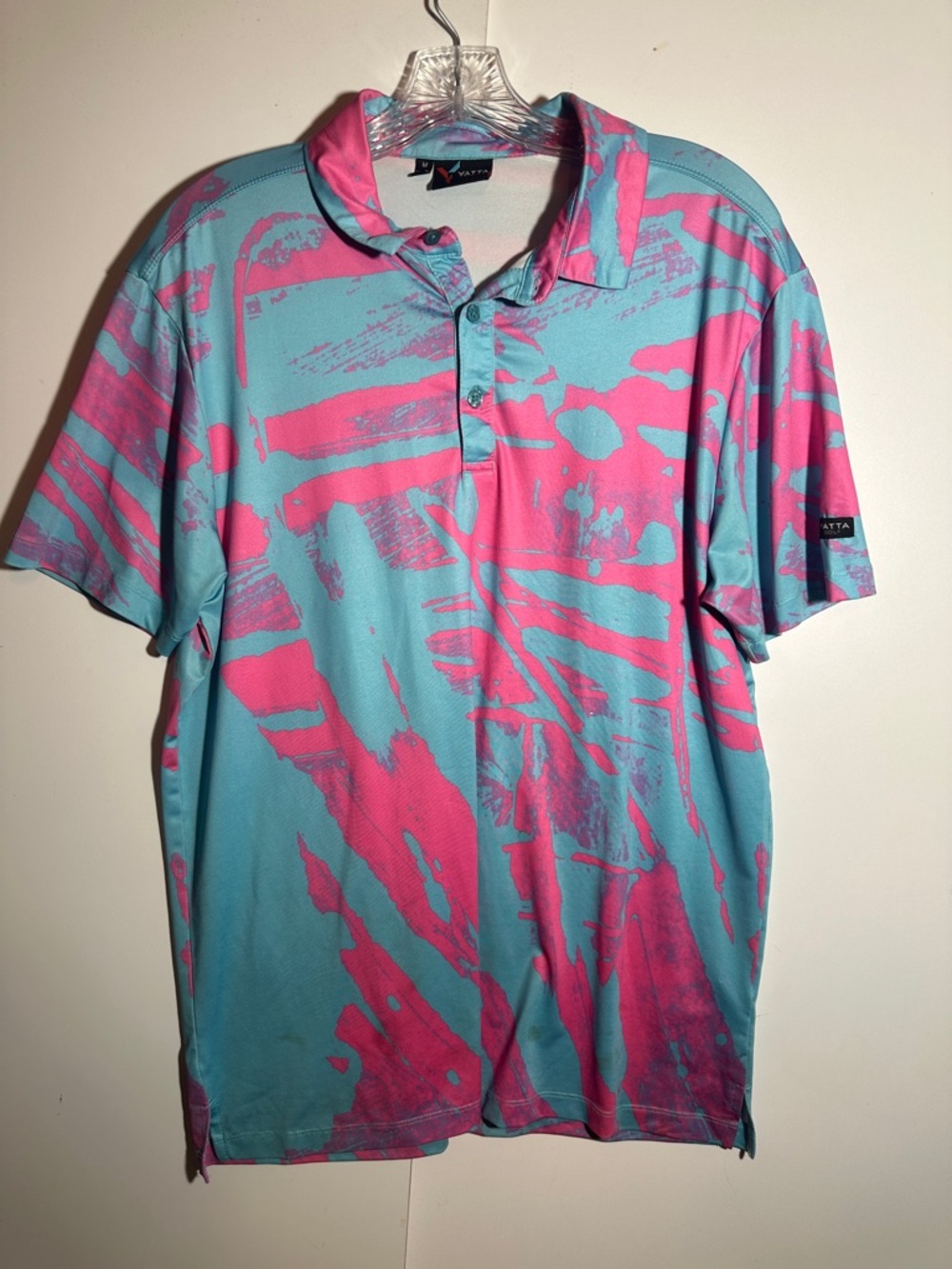 Men's Short Sleeve Polo in Aqua & Pink Abstract Print